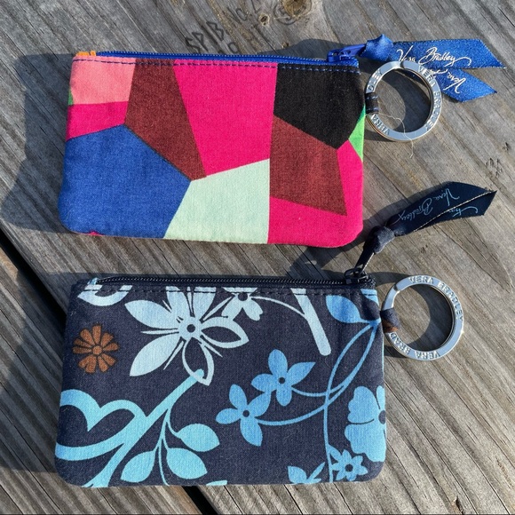 Vera Bradley Lot 2 Zip ID Ring Clip Key Coin Case Purse Java Floral Colorblock - Picture 1 of 2
